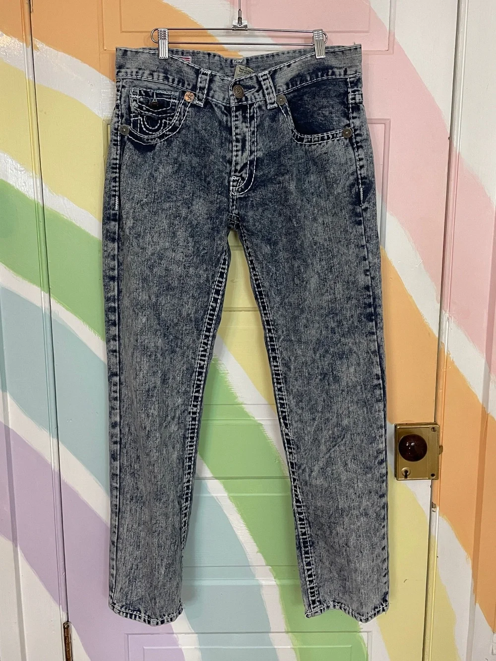 True Religion Acid Wash Denim Straight Super T Flap Pockets Jeans Men’s 36 🧡🎀
